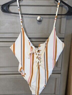 Never Worn! Billabong White Striped Lace-Up One-Piece